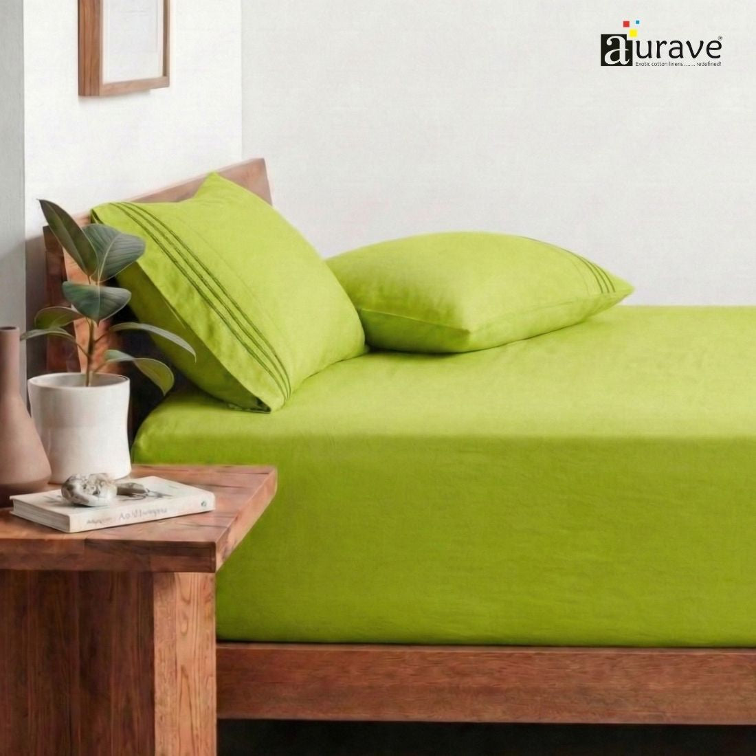Luxury King Size Cotton Flat Bedsheet with Embroidered Pillow Covers - Green