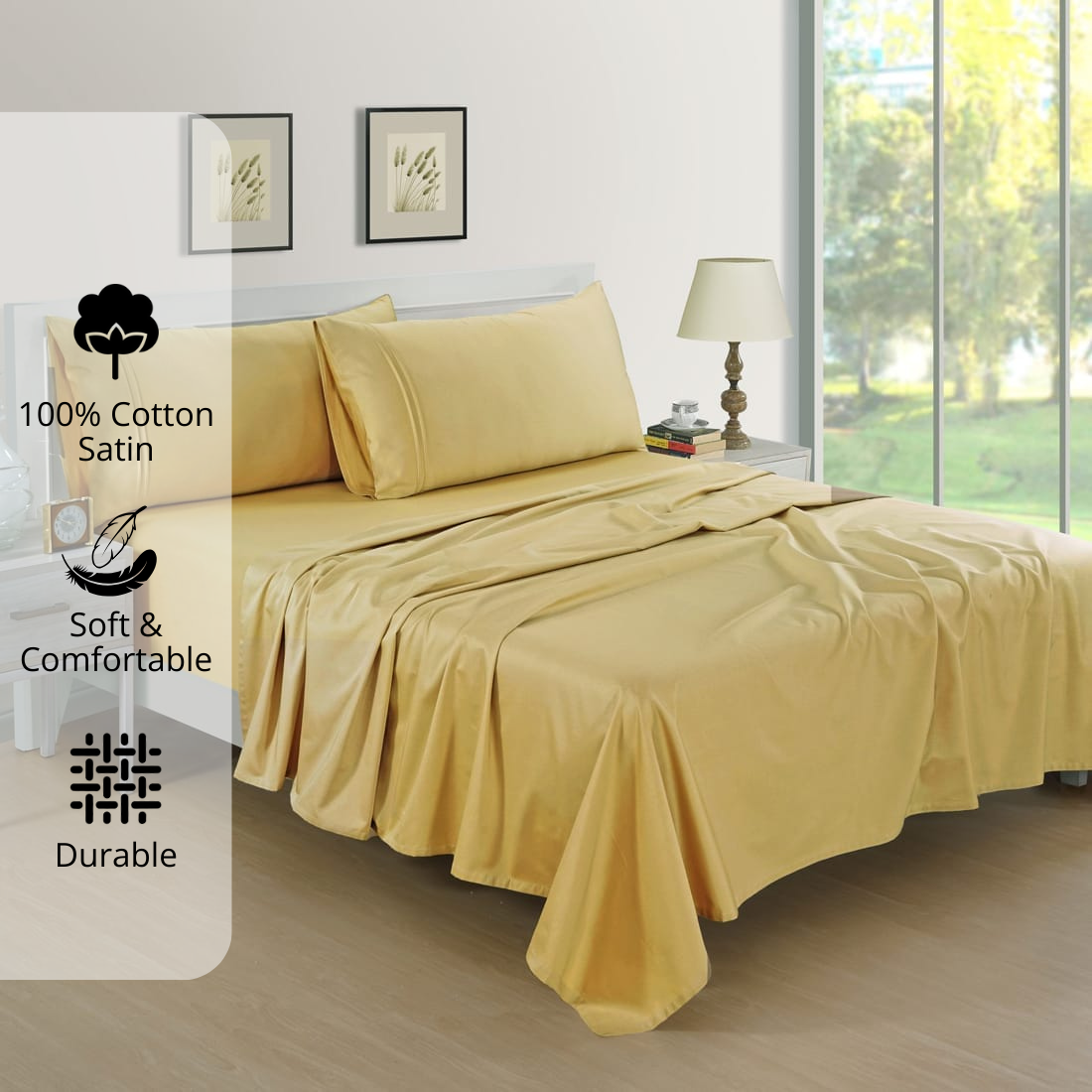 Plain Cotton Satin 400 TC Bedsheet with Pillow Covers - Gold