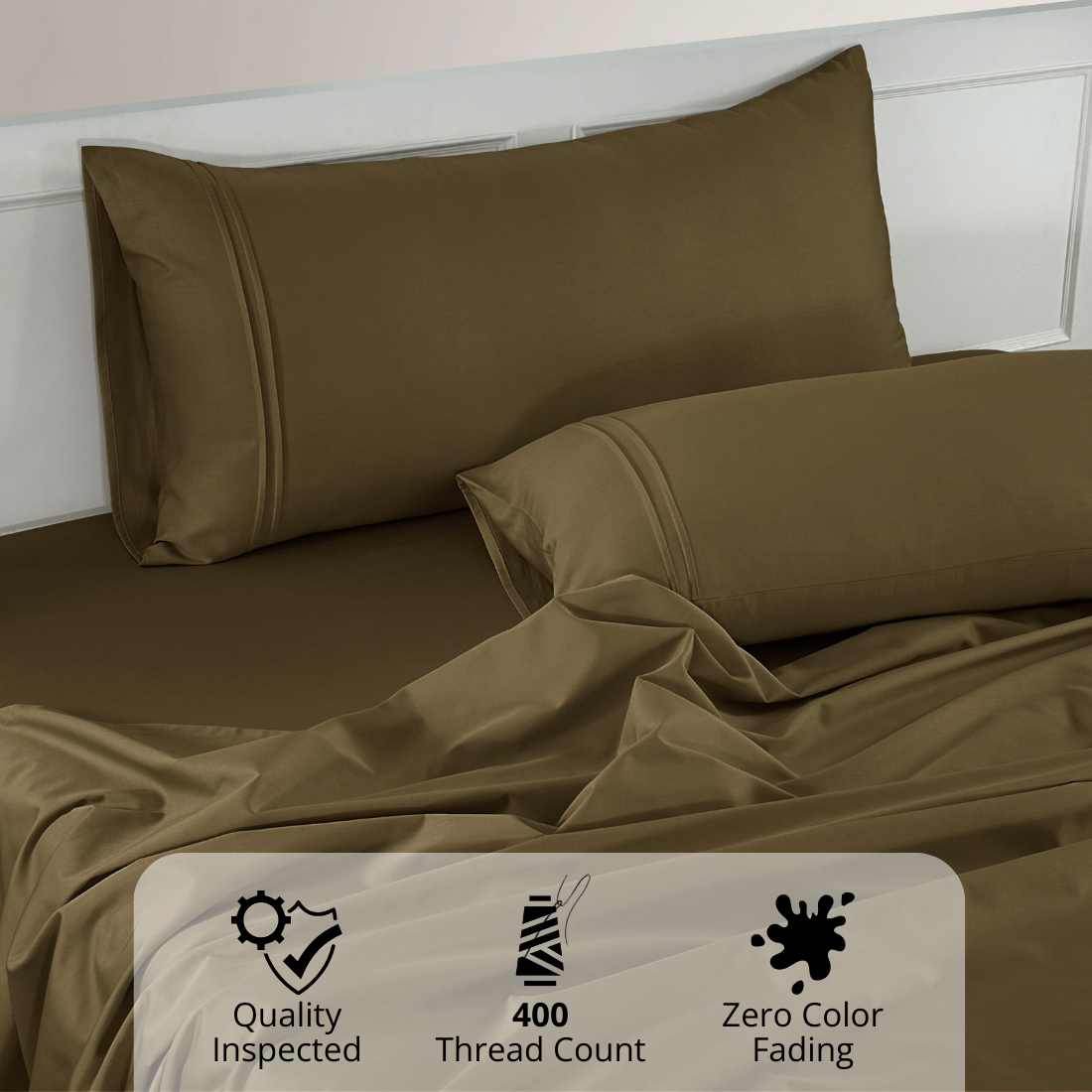 Plain Cotton Satin 400 TC Fitted Bedsheet with Pillow Covers - Golden Brown