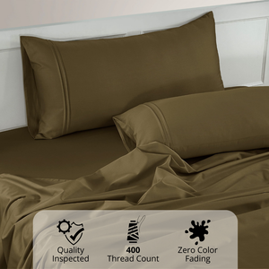 Plain Cotton Satin 400 TC Fitted Bedsheet with Pillow Covers - Golden Brown