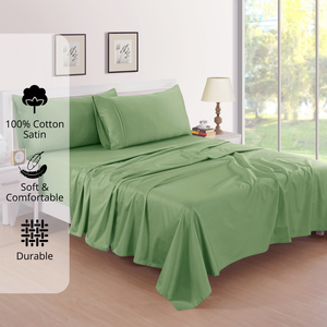 Plain Cotton Satin 400 TC Fitted Bedsheet with Pillow Covers - Green