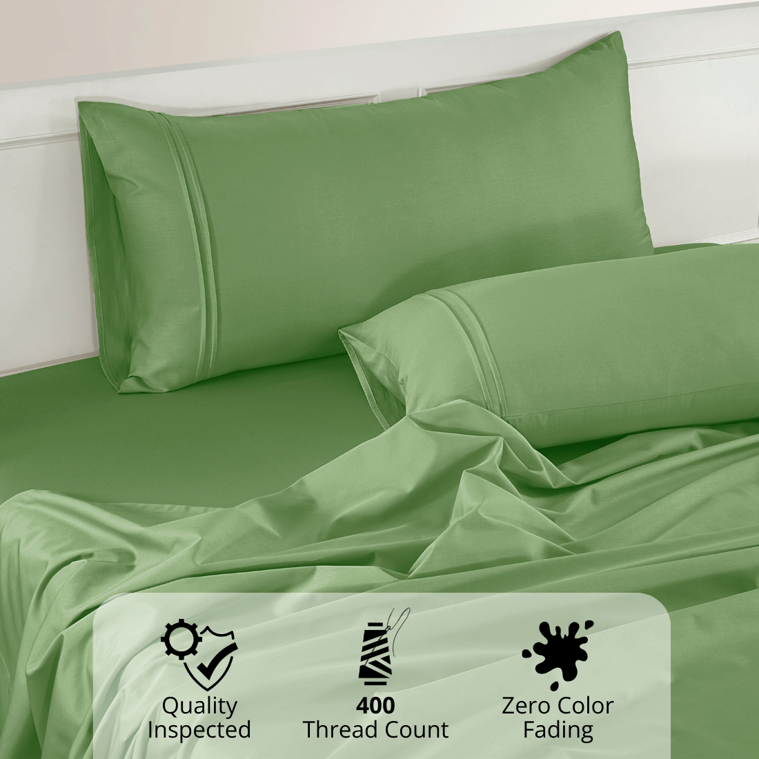 Plain Cotton Satin 400 TC Fitted Bedsheet with Pillow Covers - Green
