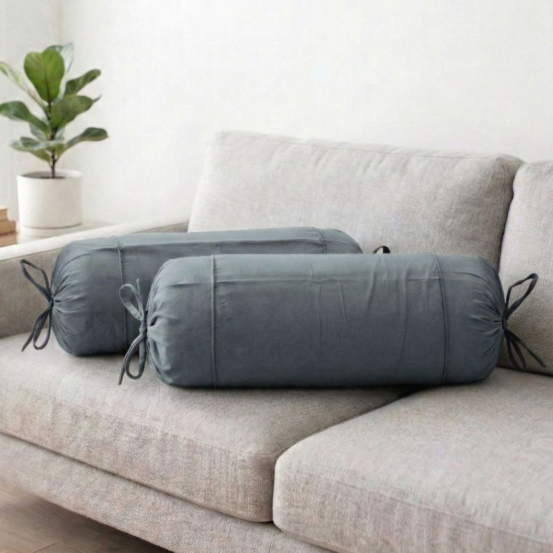 Plain Cotton 2 Pcs Bolster Cover Set - Grey