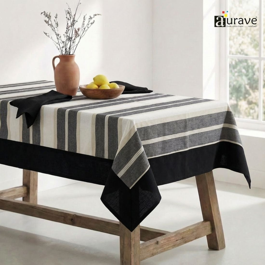 ALPHA Woven Cotton Stripes 1 Pc Table Cover - Black