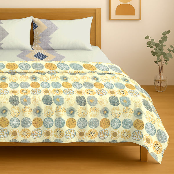 Festive Double Bed Dohar & Bedsheet Combo Set - Floral Medallion Yellow