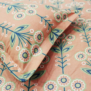 Close up Printed Floral Cotton 144 TC Fitted Bedsheet with Pillow Covers - Peach