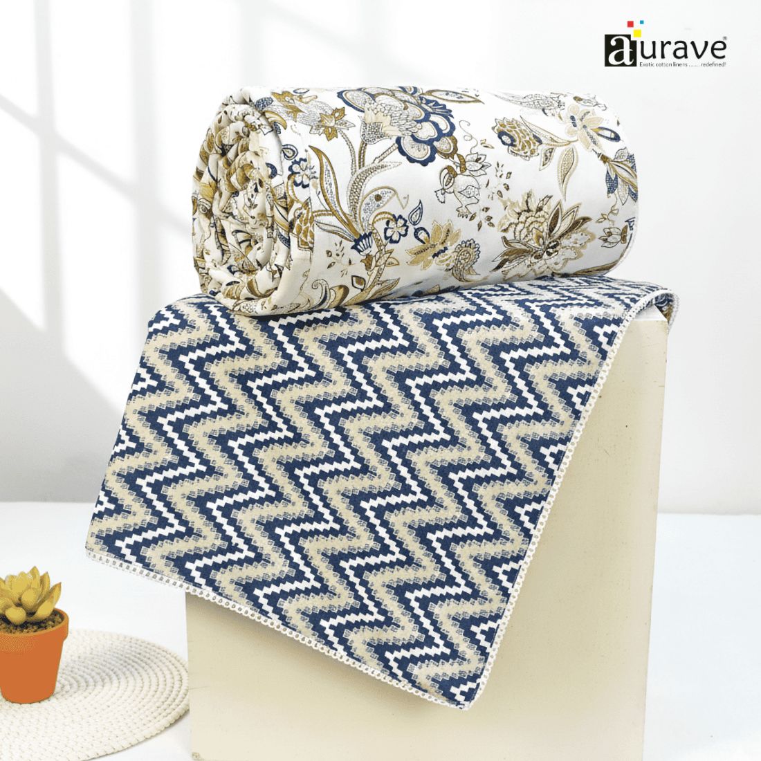 IRIS Designer Border Single Size Cotton Reversible Dohar, Peacock Blue