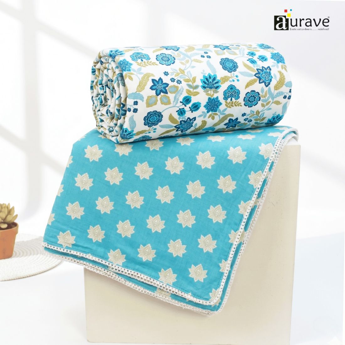IRIS Designer Border Cotton Reversible Dohar, Blue