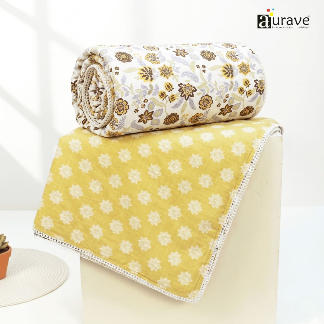 IRIS Designer Border Cotton Reversible Dohar, Yellow