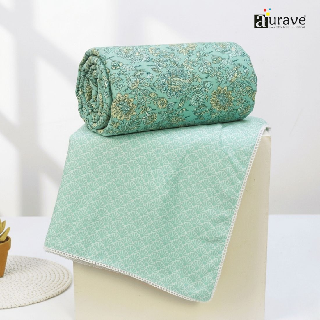 IRIS Designer Border Cotton Reversible Dohar, Aqua