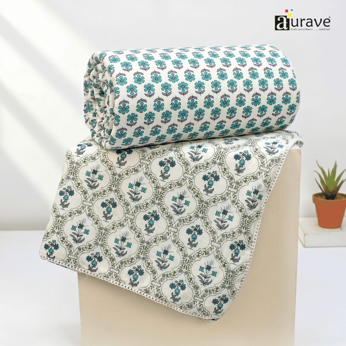 IRIS Designer Border Cotton Reversible Dohar, Aqua
