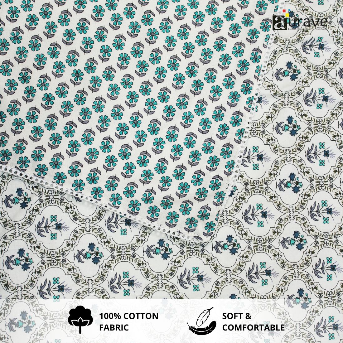 IRIS Designer Border Cotton Reversible Dohar, Aqua
