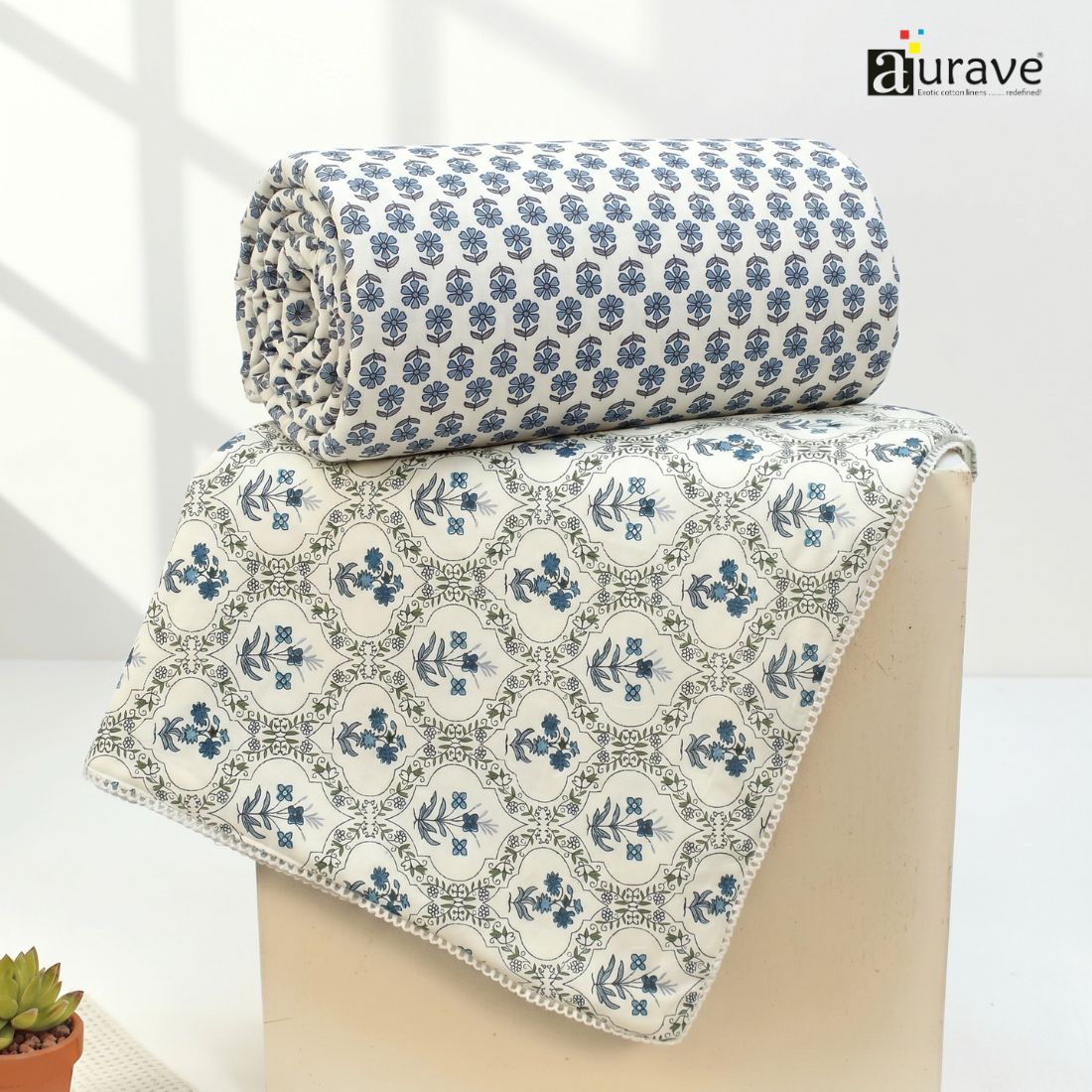 IRIS Designer Border Cotton Reversible Dohar, Blue