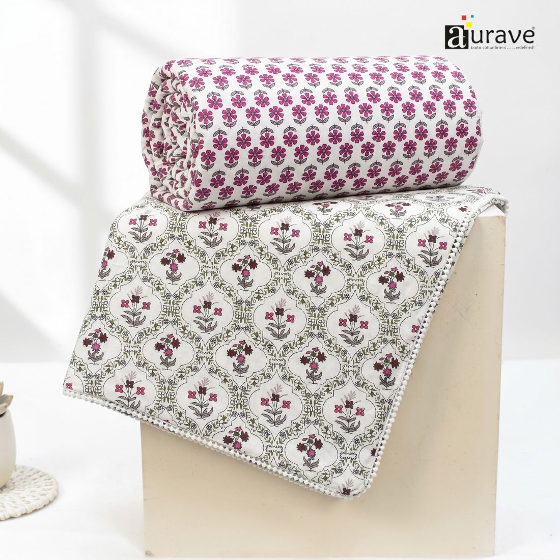 IRIS Designer Border Cotton Reversible Dohar, Magenta