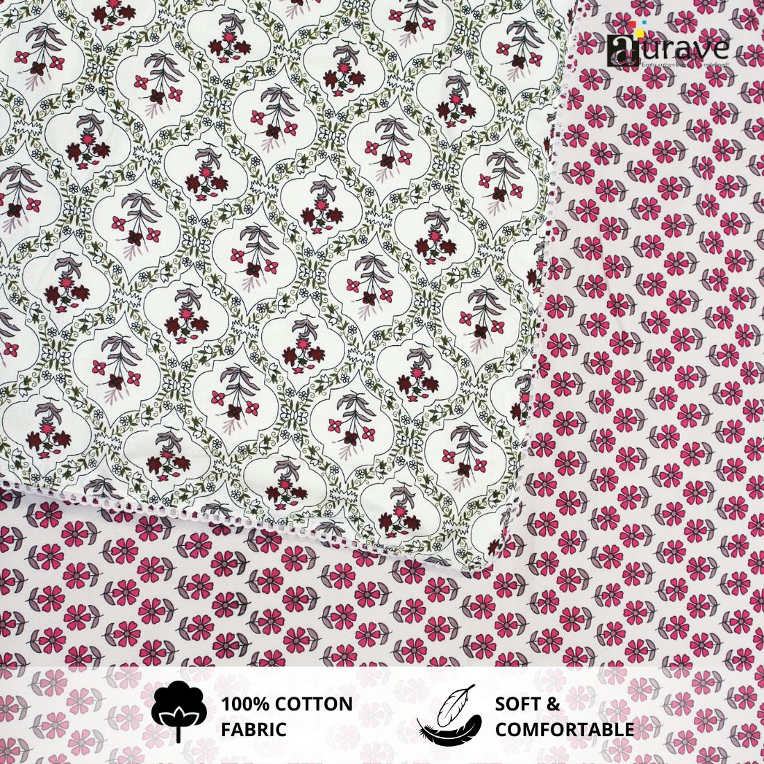IRIS Designer Border Cotton Reversible Dohar, Magenta