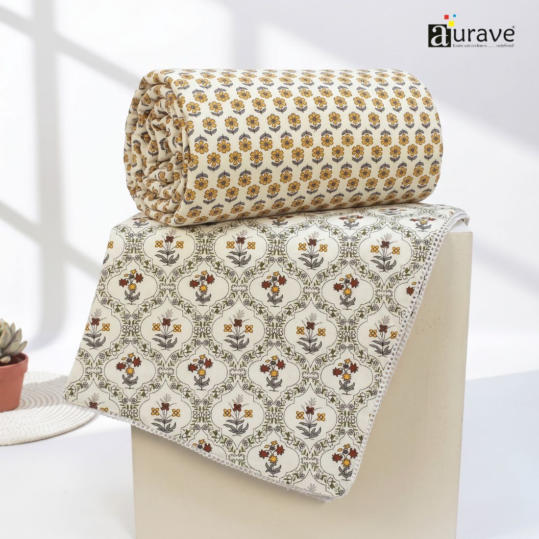 IRIS Designer Border Cotton Reversible Dohar, Mustard