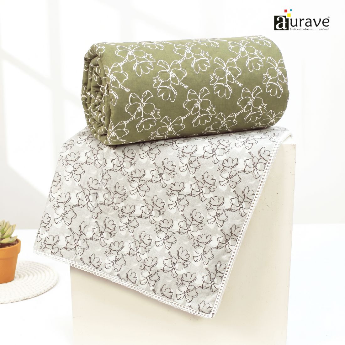 IRIS Designer Border Cotton Reversible Dohar, Sage Green