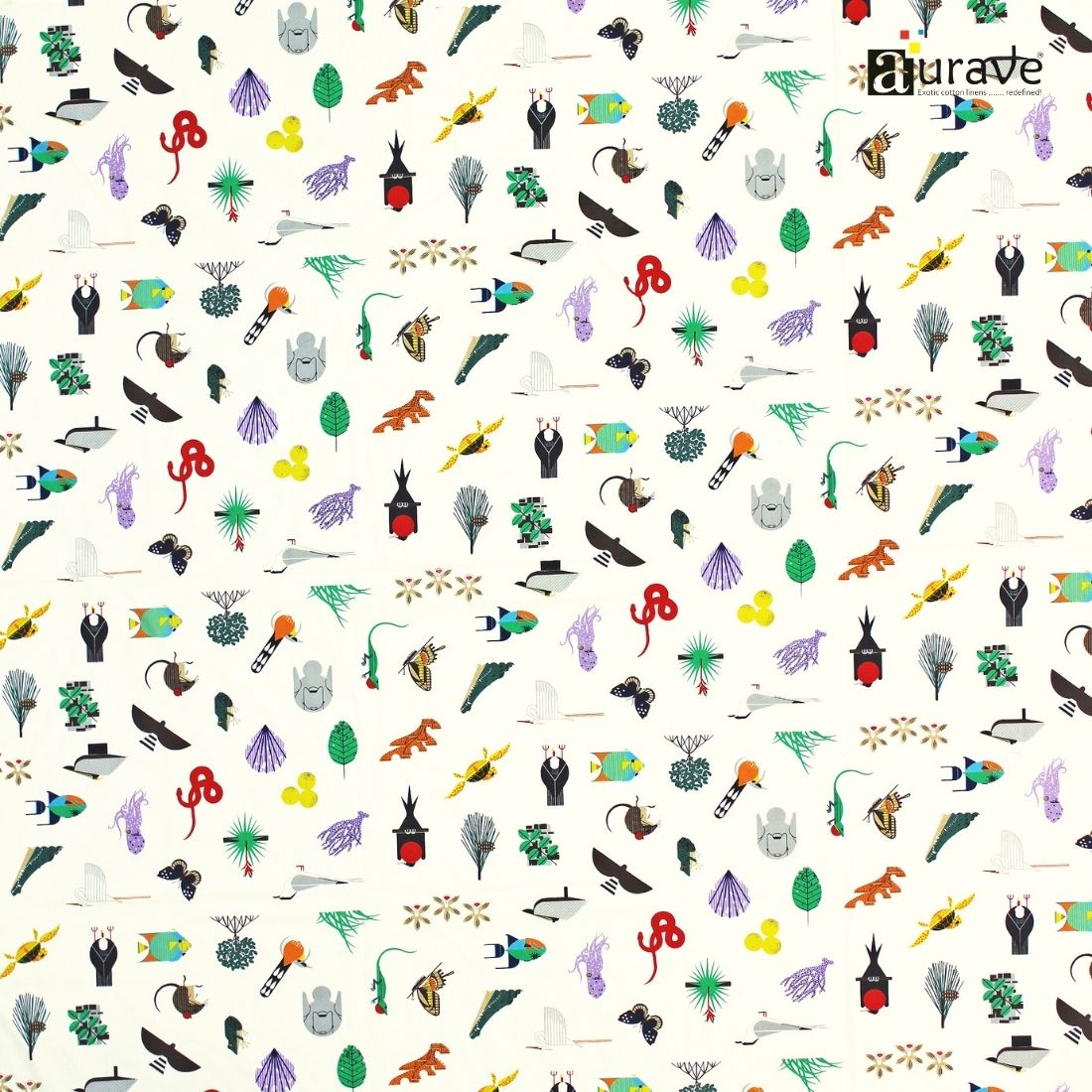 Detailed fabric texture of AURAVE pure cotton kids bedsheet displaying a vibrant mix of animals, birds, marine life, and plants on a white base.