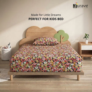 Front view of a kids wooden cloud bed styled with an AURAVE 100% cotton bright floral single flat bedsheet.