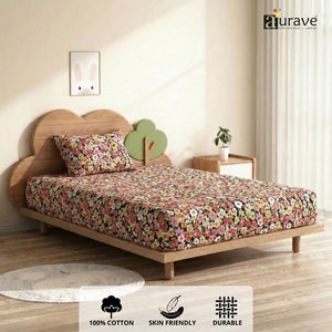 Cheerful kids bedroom lifestyle setup featuring a lightweight 100% cotton vibrant floral print single flat bedsheet.