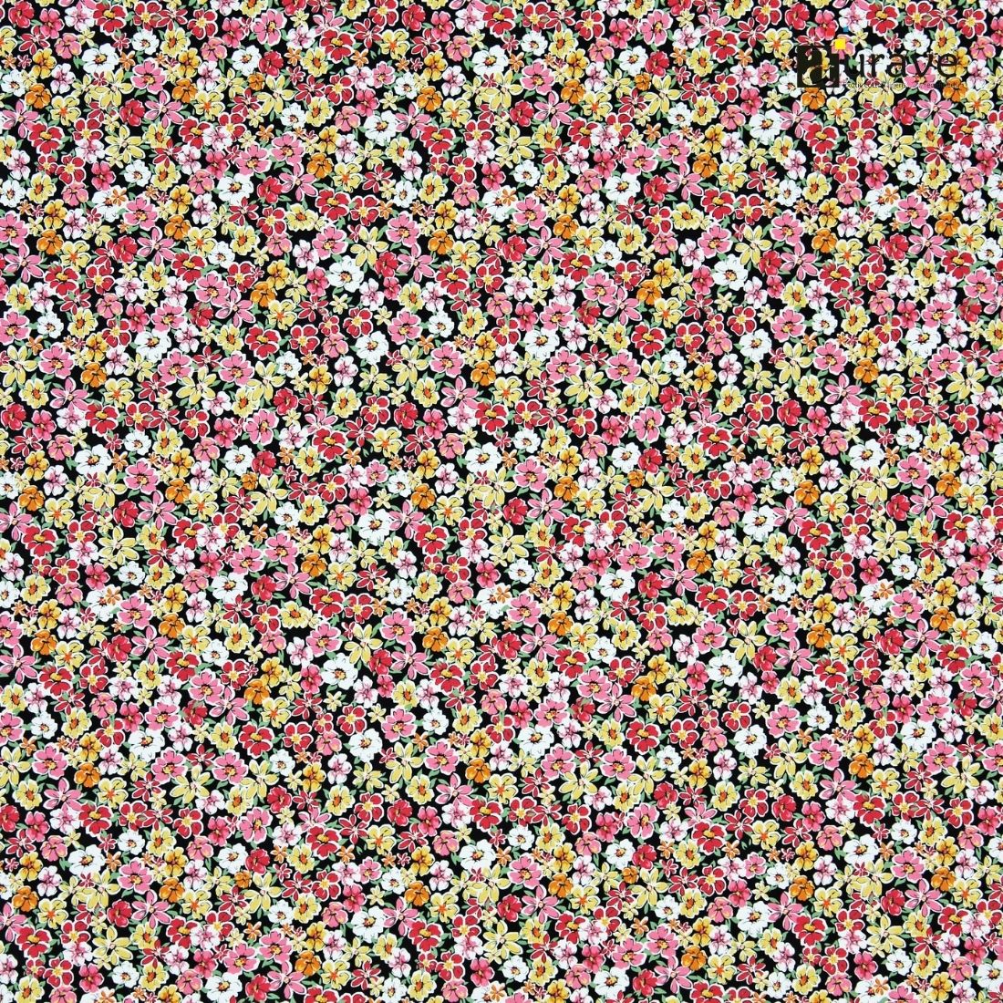 Fabric texture close-up showing a dense pattern of red, pink, yellow, and white flowers on a dark cotton bedsheet.