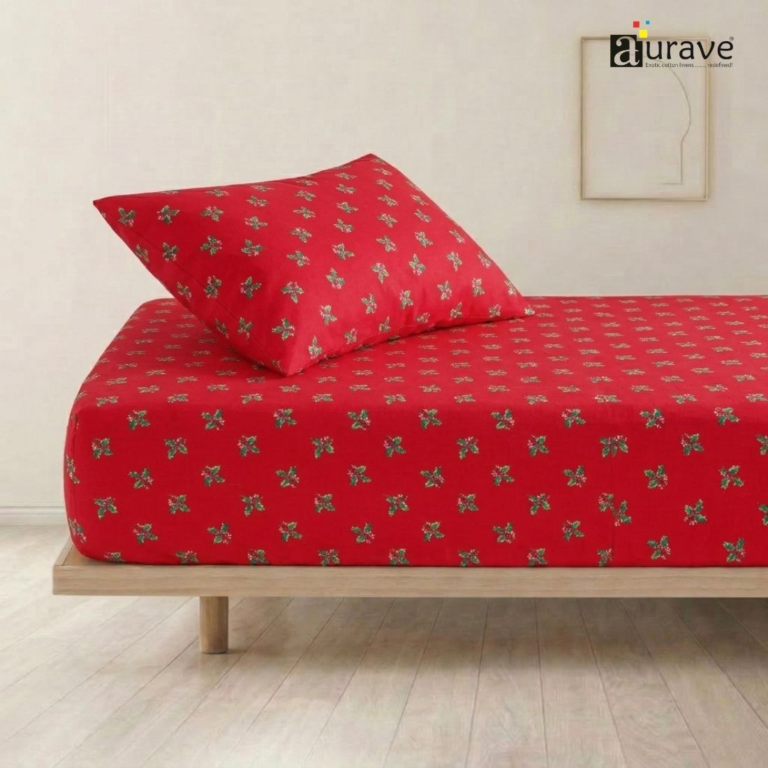 AURAVE kids single flat bedsheet and pillow cover in vibrant red featuring a delicate green and white floral holly print.