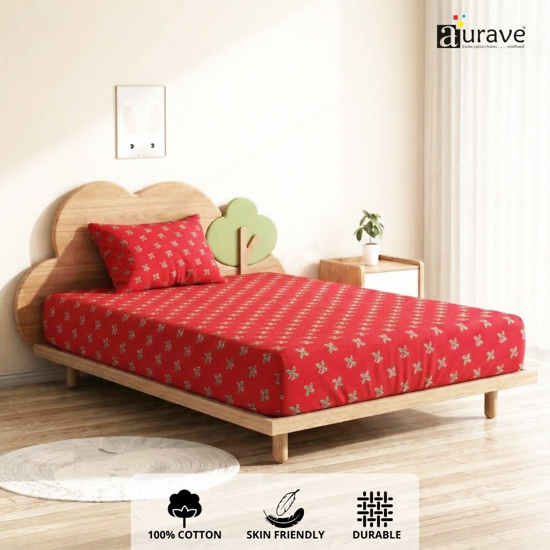 Cheerful kids bedroom setup featuring a lightweight, 100% cotton bright red single flat bedsheet with a small green floral print.