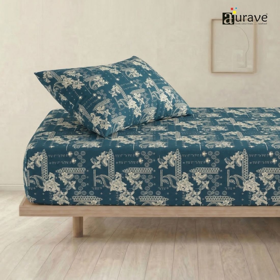 AURAVE kids single flat bedsheet and pillow cover in teal blue with intricate white paisley and floral patterns, side bed view.