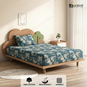 Minimalist bright kids bedroom interior featuring a comfortable 100% cotton teal blue patterned single flat bedsheet.