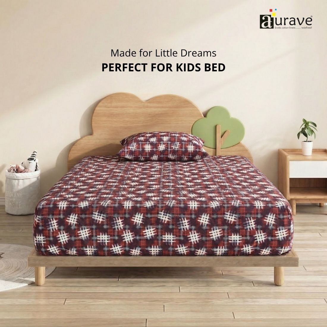 Full room view of 100% pure cotton single flat bedsheet for kids with a dark red and blue criss-cross design