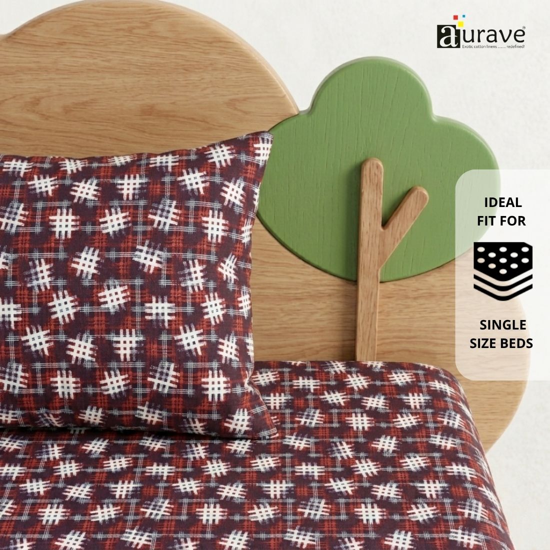 Neatly folded set of AURAVE maroon geometric print kids flat bedsheet and matching pillowcase