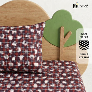 Neatly folded set of AURAVE maroon geometric print kids flat bedsheet and matching pillowcase