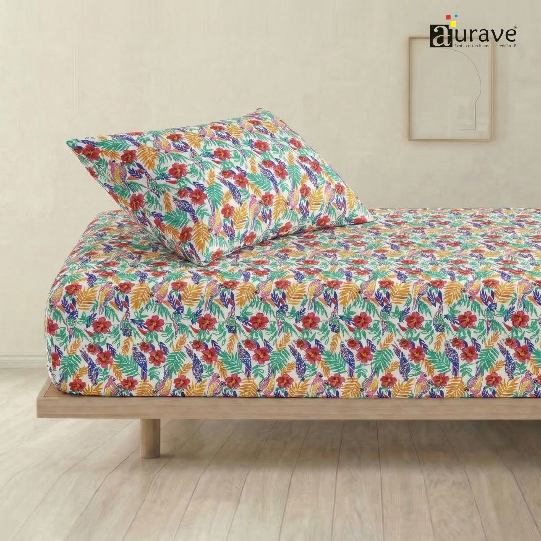 Kids single flat bedsheet in 100% cotton with vibrant multicolored floral print on dark background, full bed view