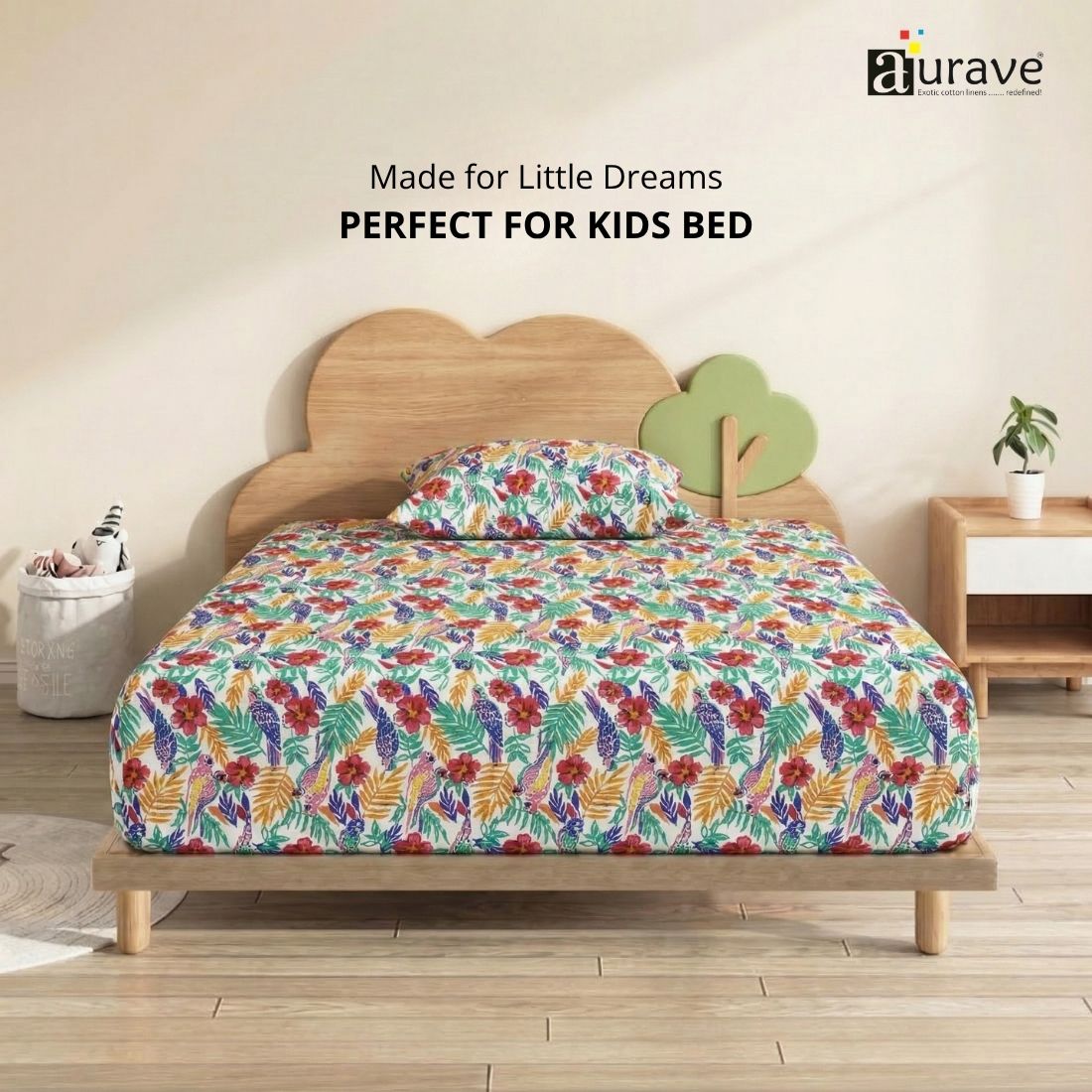 Close-up of 210 TC pure cotton single bedsheet and matching floral pillow cover on a modern kids bed