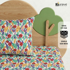 Neatly folded single flat bedsheet with floral print and pillowcase set, highlighting 210 thread count cotton quality