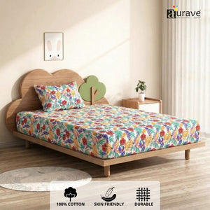 Corner stitching detail of premium cotton single bedsheet featuring a dark base with colorful spring flower design