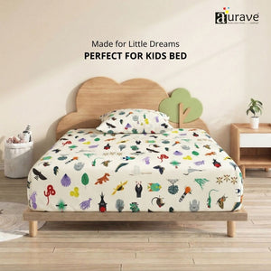 Front view of a kids wooden cloud bed styled with an AURAVE 100% cotton white single flat bedsheet showing playful animal and plant prints.