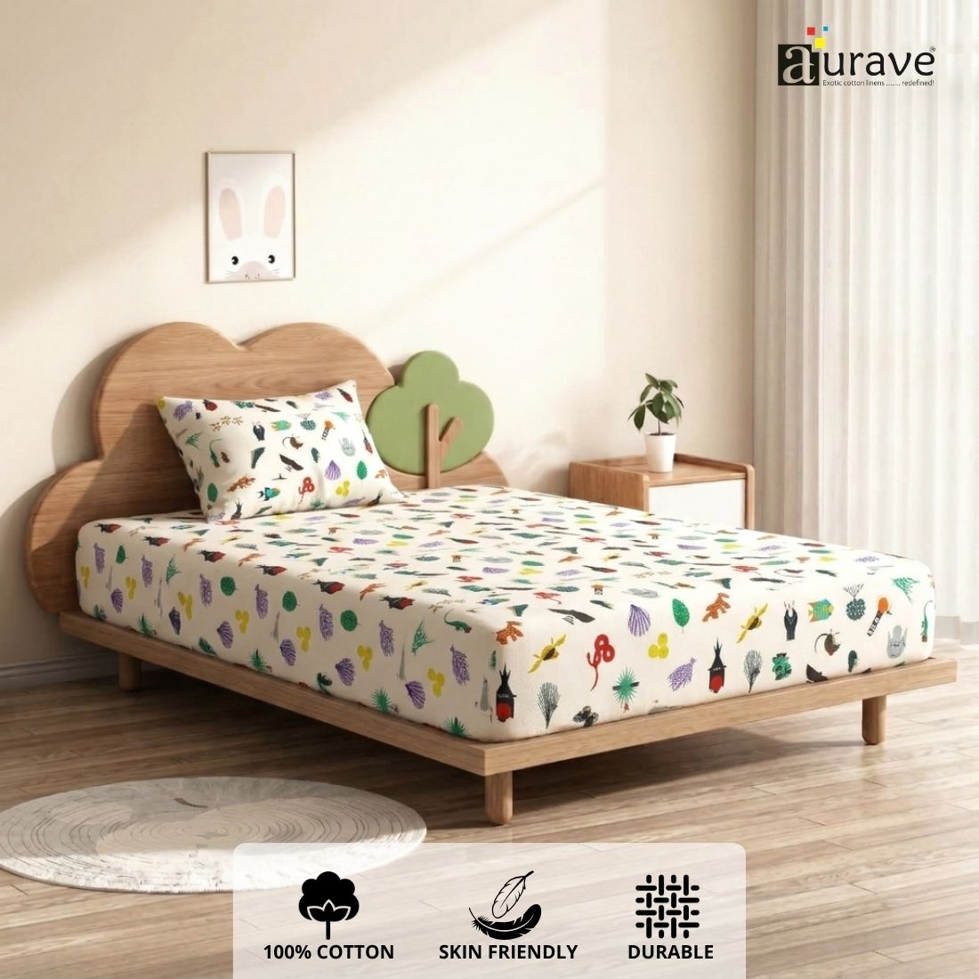 Bright and airy kids bedroom interior featuring a playful 100% cotton white single flat bedsheet decorated with colorful flora and fauna patterns.