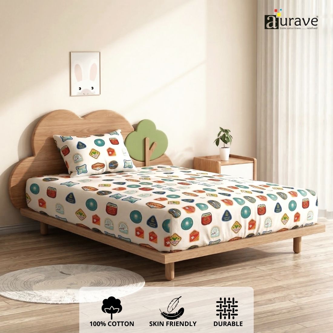 Bright and playful kids bedroom setup featuring an adventurous 100% cotton white single flat bedsheet decorated with colorful patch designs.