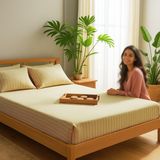 Pinstripe Cotton Satin 400 TC Fitted Bedsheet with Pillow Covers - Khaki