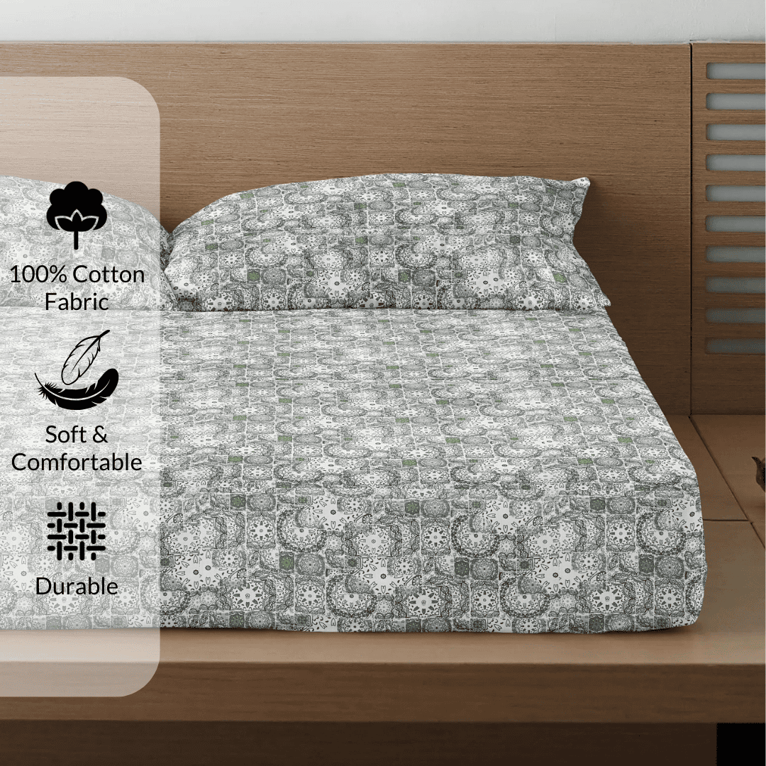 Printed Floral Cotton 300 TC Bedsheet with Pillow Covers - Green