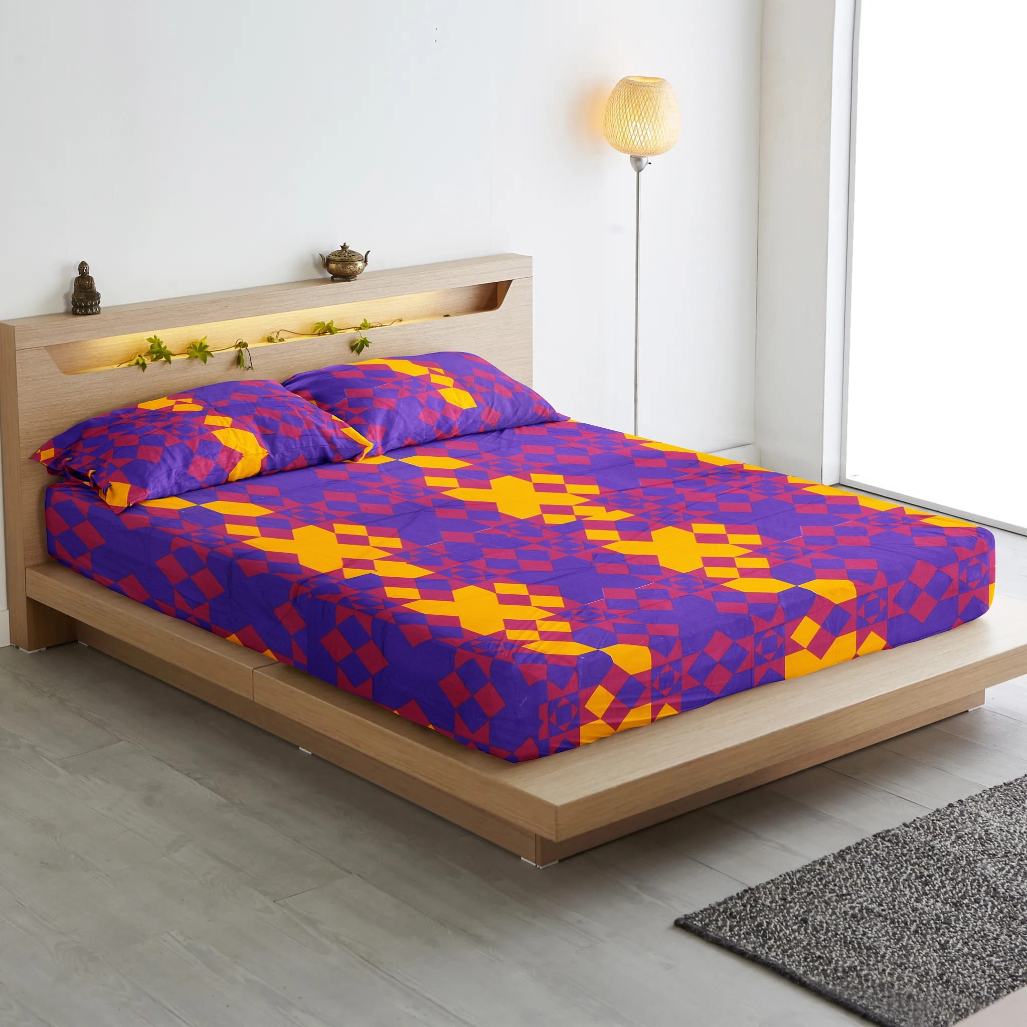 Printed Geometrical Cotton 250 TC Fitted Bedsheet with Pillow Covers - Purple