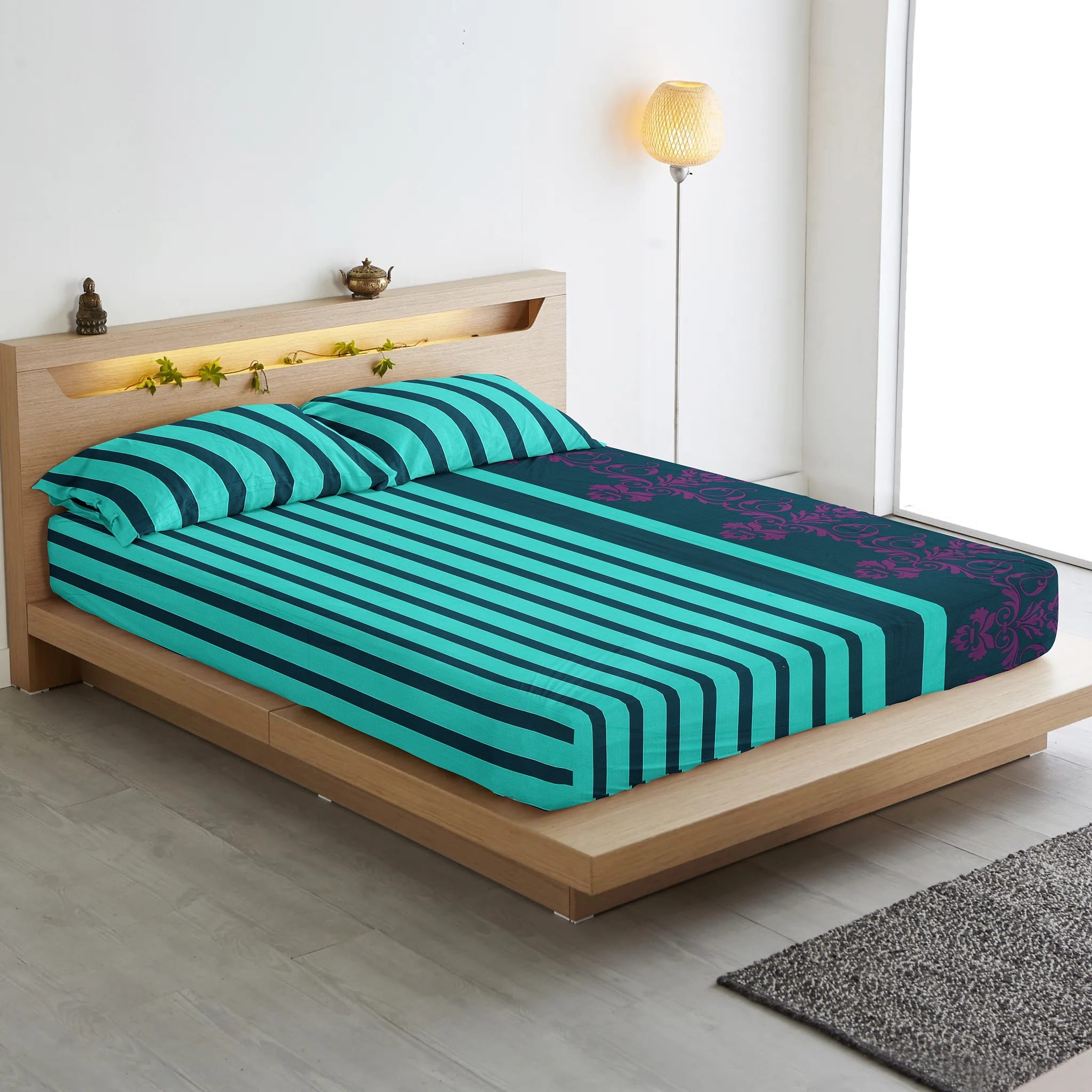 Printed Stripe Cotton 250 TC Fitted Bedsheet with Pillow Covers - Blue