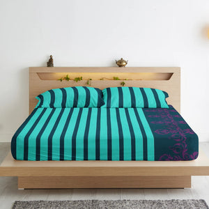 Printed Stripe Cotton 250 TC Fitted Bedsheet with Pillow Covers - Blue