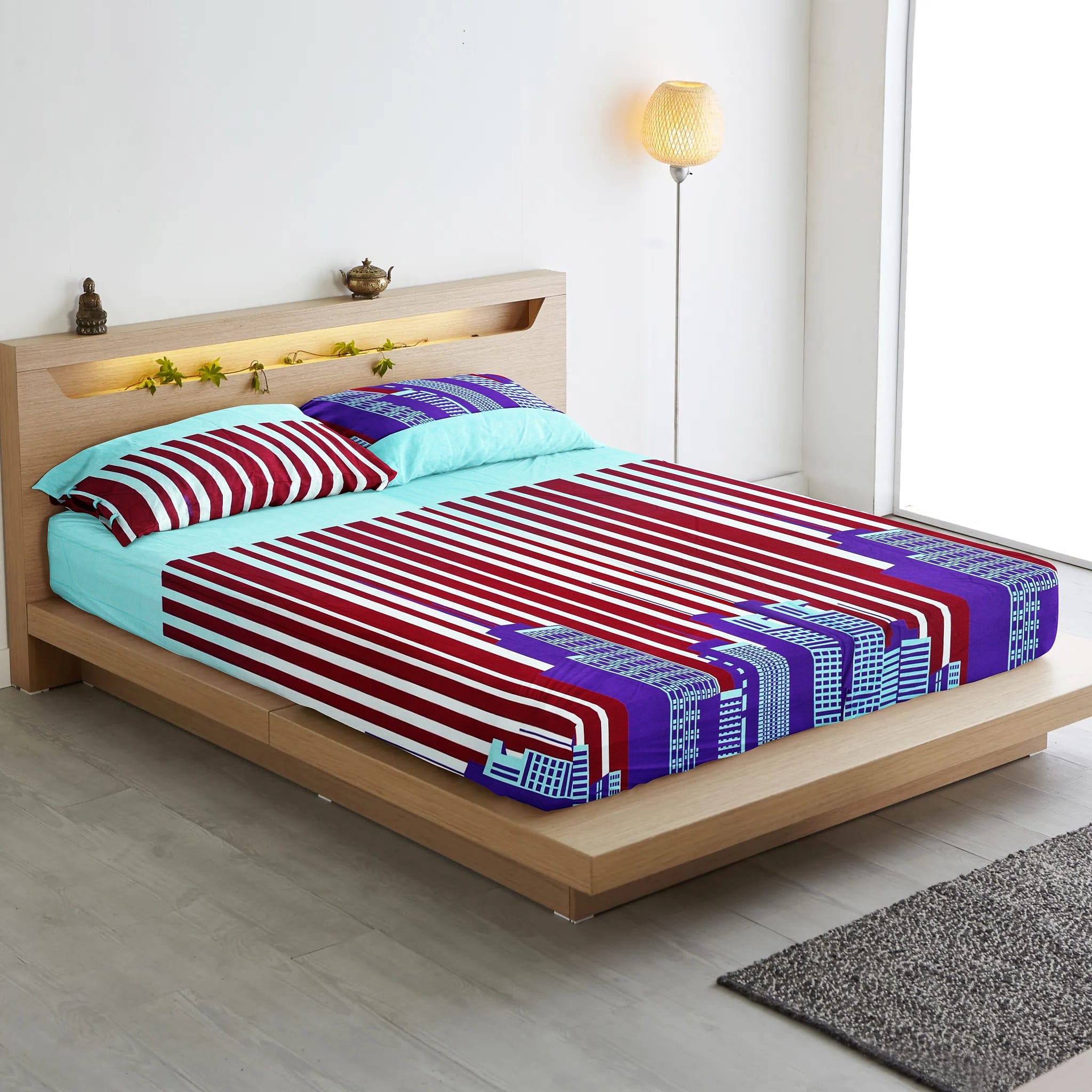 Printed Abstract Cotton 250 TC Fitted Bedsheet with Pillow Covers - Multicolor