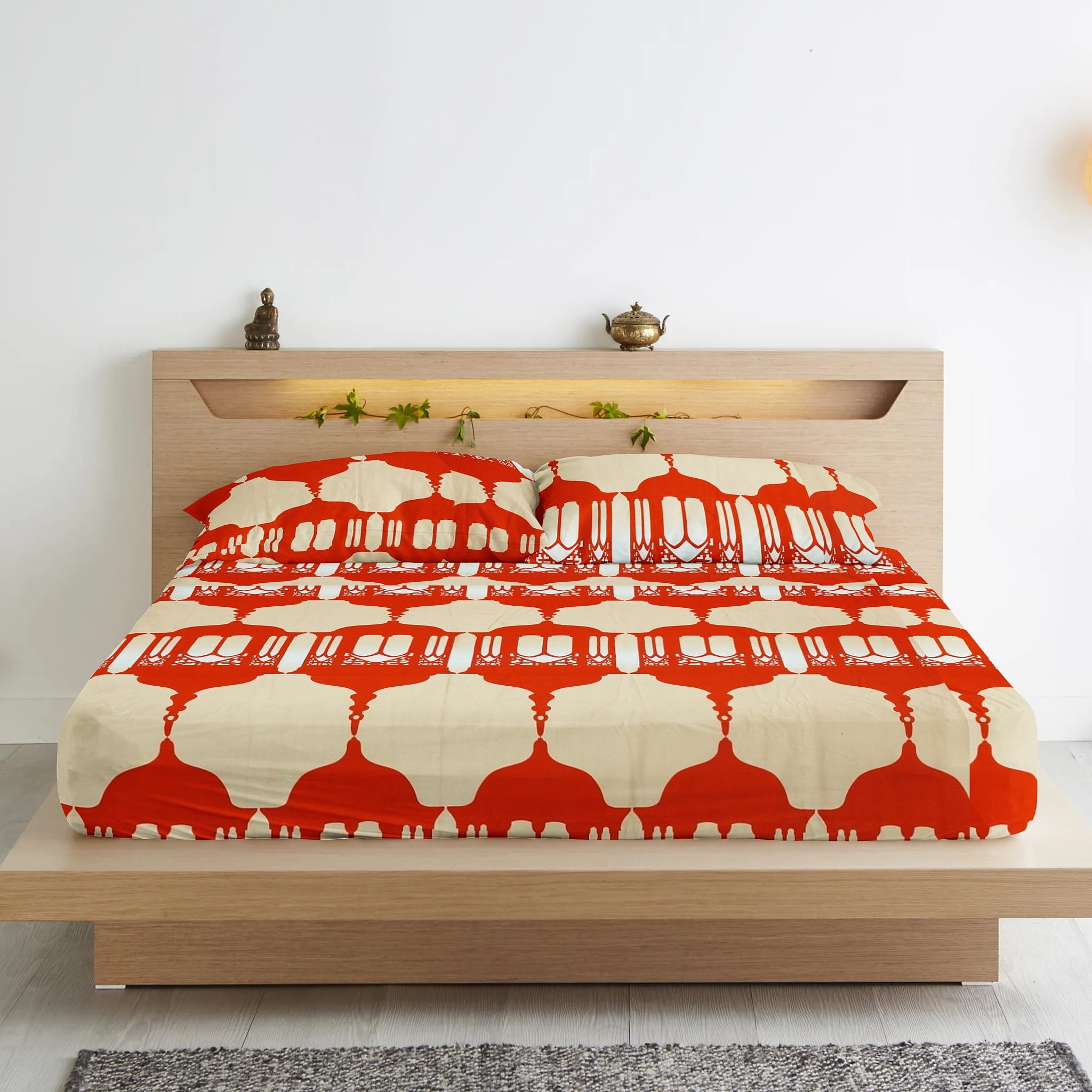Soft Cotton Traditional Print 250 TC Fitted Bedsheet In Orange At Best Prices