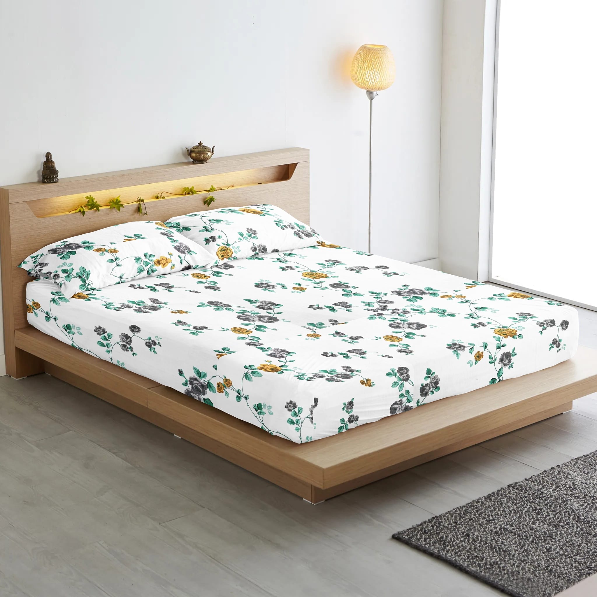 Soft Cotton Floral Print 250 TC Fitted Bedsheet In Grey At Best Prices
