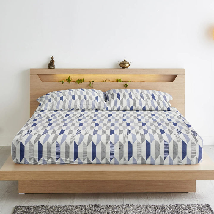Soft Cotton Geometrical Print 250 TC Fitted Bedsheet In Blue Online In India