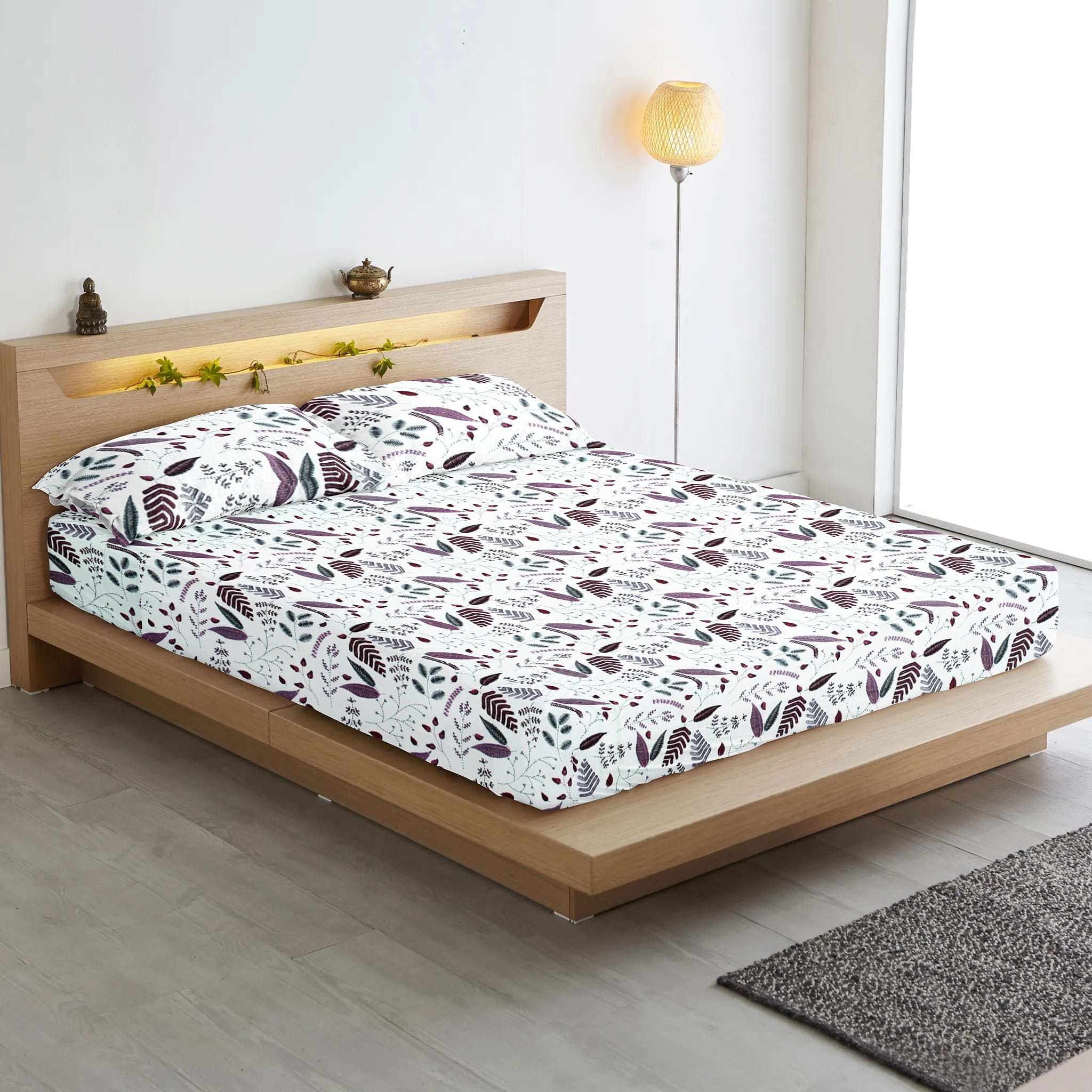 Soft Cotton Floral Print 250 TC Fitted Bedsheet In Burgundy Online In India