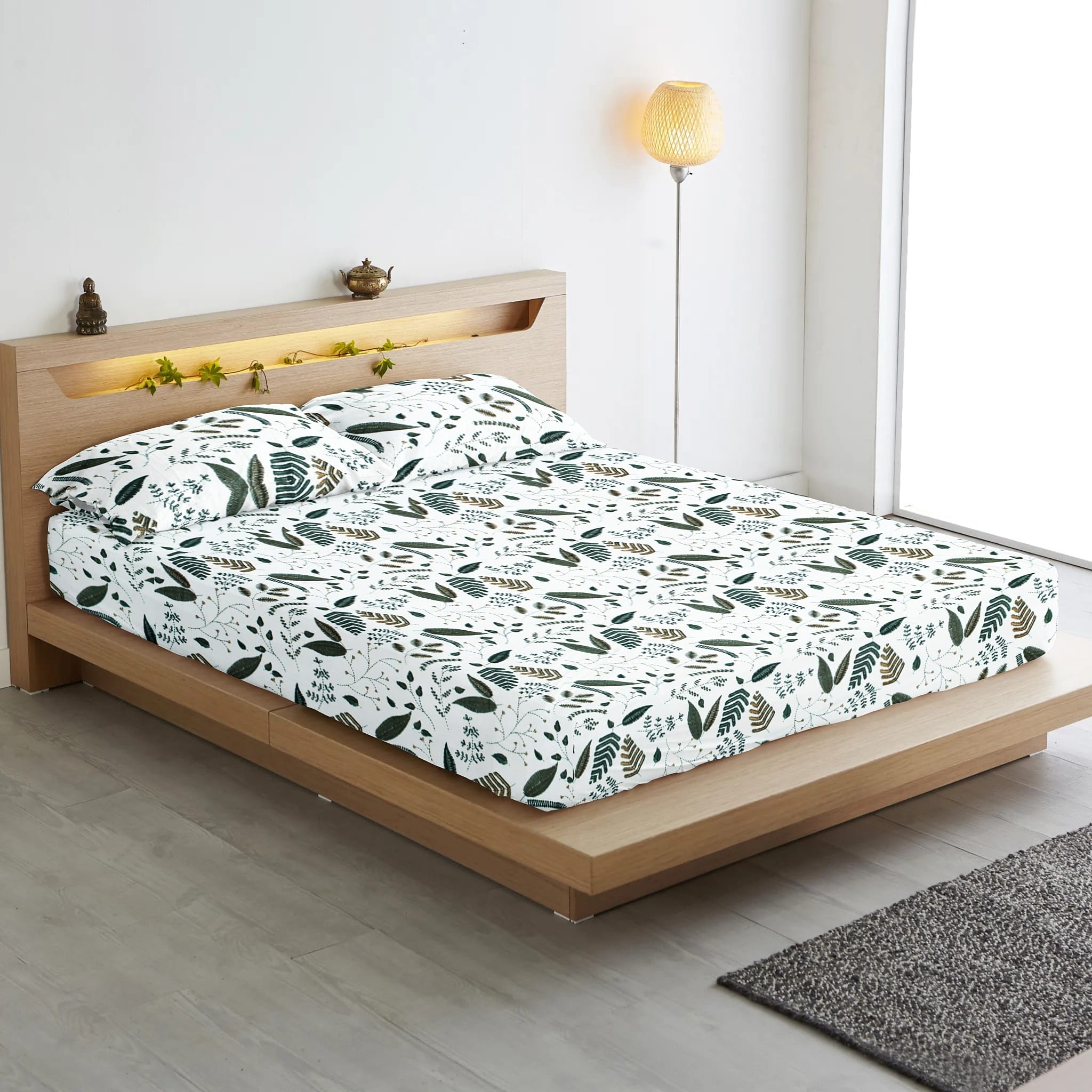Soft Cotton Floral Print 250 TC Fitted Bedsheet In Green Online In India